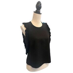 Bailey 44 Tank Top with Fringe Detail at Arms in Black Textured Fabric